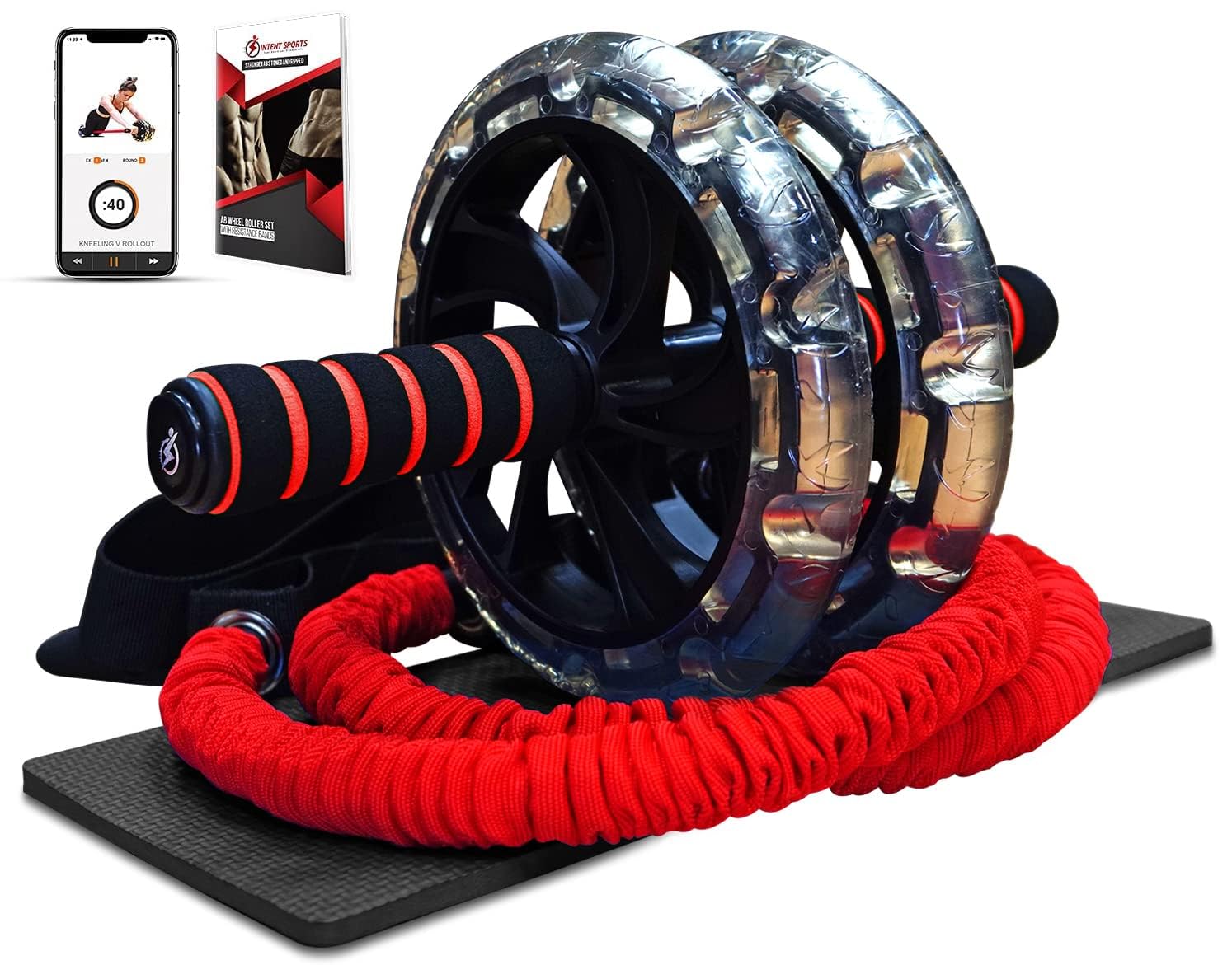 INTENT SPORTS Multi Functional Ab Wheel Roller KIT with Resistance Bands, Kneepad, Workout Ebook. Abdominal Workout Wheel Roller with Large Wheels for Stability. Ab Core Workout, Exercise Videos.