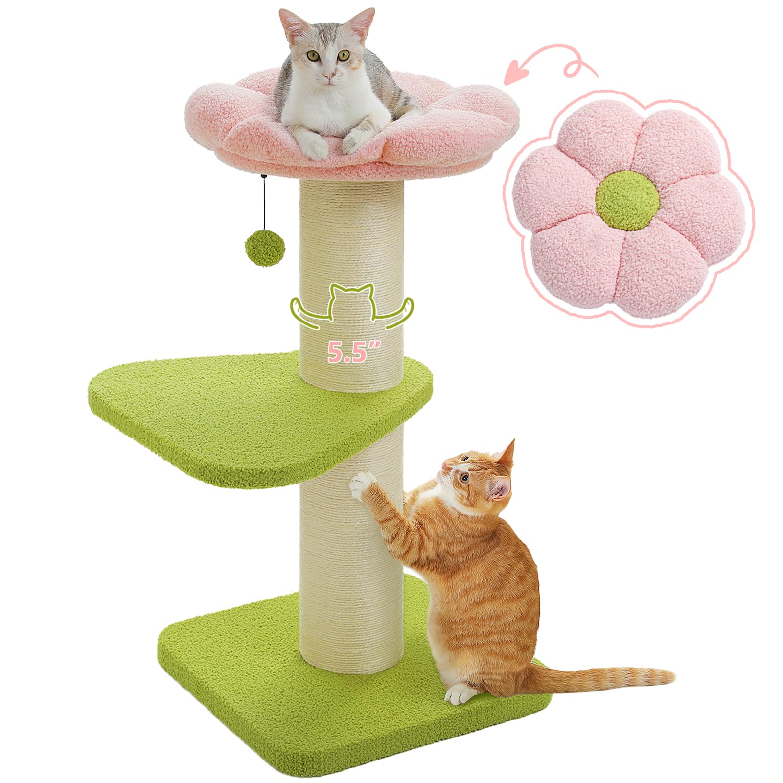 PEQULTI 36'' Cat Tree, XL Cat Scratching Post for Large Cats, Cute Cat Tower with Super Thick Scratching Post [Dia=5.5''], Removable Flower Bed, Tall Scratcher for Indoor Cats, Pink