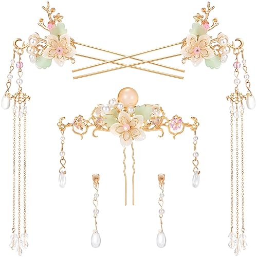 HINZIC 5 piezas de horquilla con borlas de flores de orquídea, diamantes de imitación de cristal, perlas, tocados, retro, chinos, Hanfu, floral,