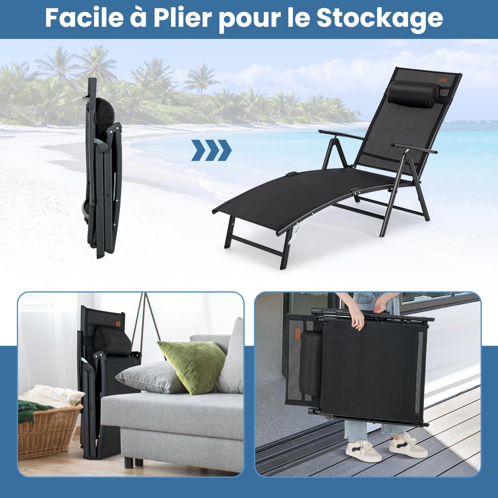 GOPLUS Transat Jardin Exterieur Pliante avec Dossier Réglable à 7 Niveaux, 142 x 61 x 103 CM, Bain de Soleil avec Accoudoir, Repose-tête, Charge 150 KG, Idéal pour Piscine, Jardin, Terrasse (Noir)
