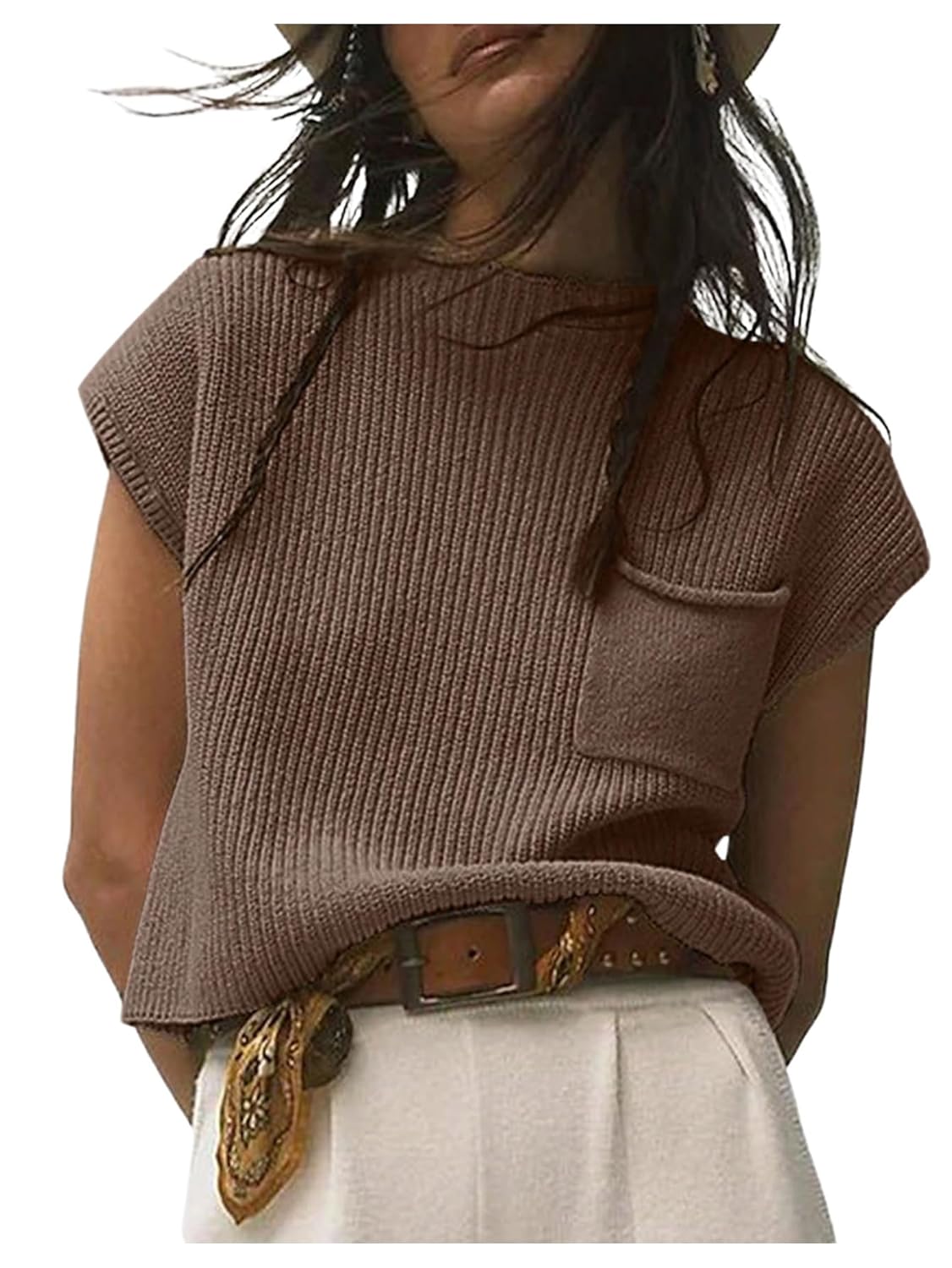GORGLITTER Womens Fall Short Sleeve Sweater Casual Sweater Vest Mock Neck Knit Pullover Tank Tops Fashion Clothing