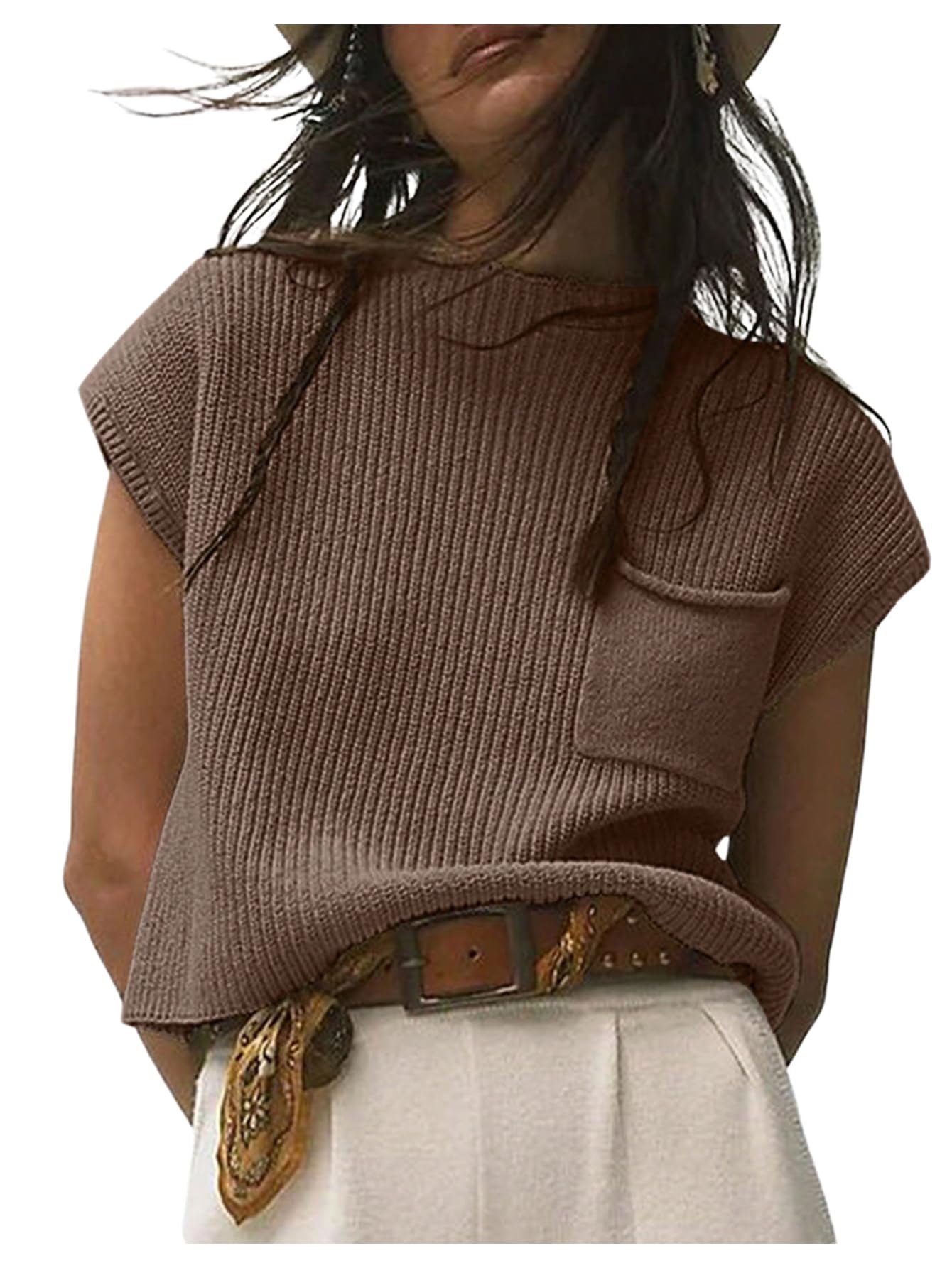 GORGLITTER Womens Fall Short Sleeve Sweater Casual Sweater Vest Mock Neck Knit Pullover Tank Tops Fashion Clothing