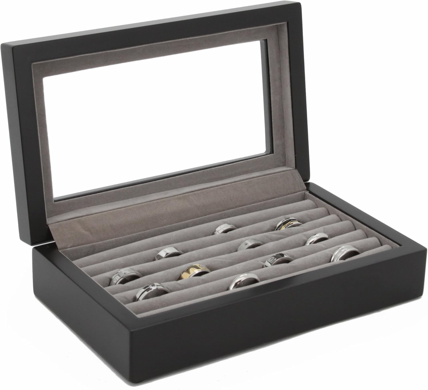 Tech Swiss Ring Storage Box Display Case Wood 6 Rows Glass Window (Black)