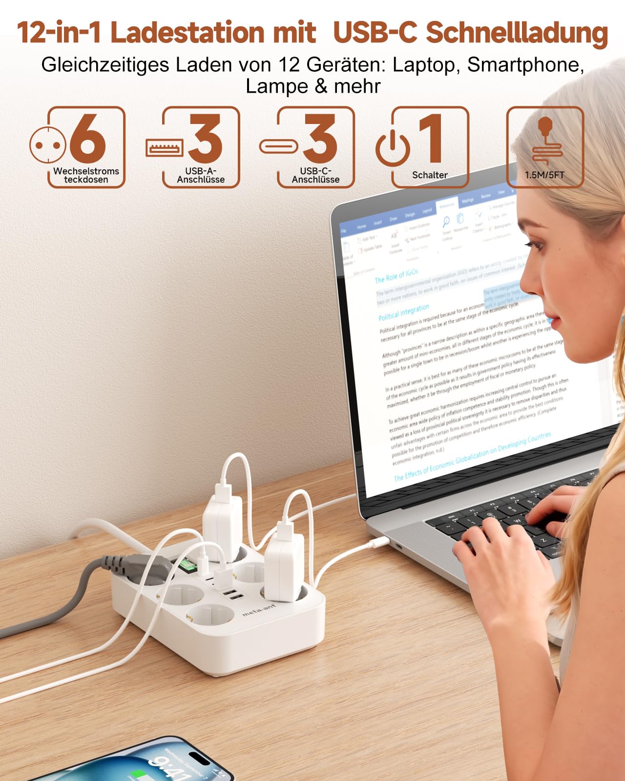 Ciabatta elettrica con USB, 6 scomparti