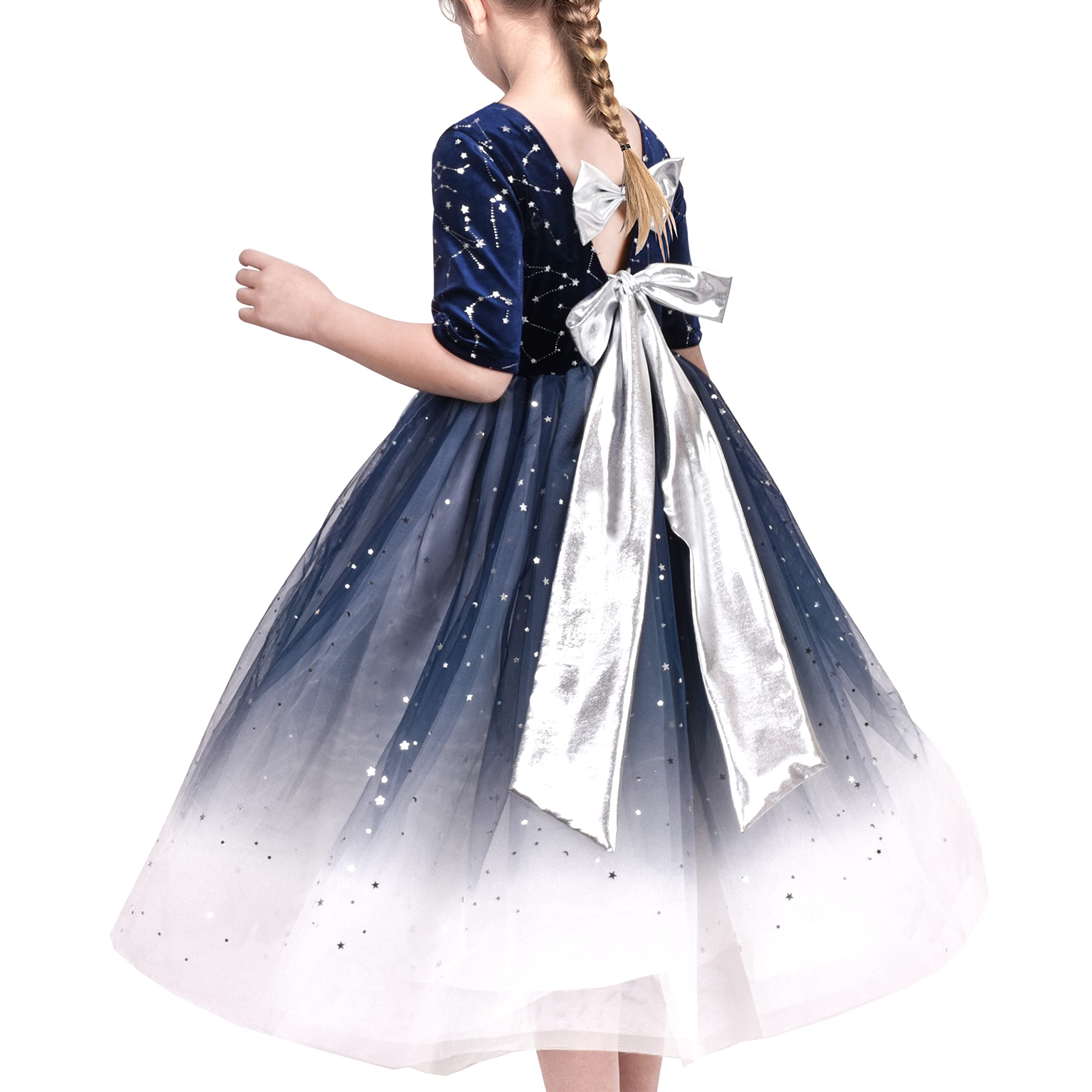 Sunny Fashion Vestido para niña Navidad Vendimia Cuello en V Espalda Hueca Estrella de Oro Corbata de moño 6-12 años