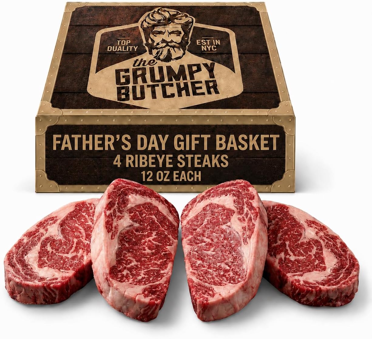 Grumpy Butcher Aged Ribeye Steaks, 4 Pack - USDA Top Third Angus Choice Beef Ribeye Steaks - With Fatherโs Day Basket Gift Box Option - Ships Frozen