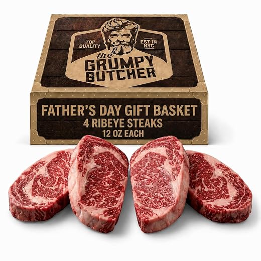 Grumpy Butcher Prime Beef Ribeye Steaks (14 oz each, 4 Pack) | Boneless Prime Ribeye | Steak House Quality, Wet-Aged, Professional Cut & Trim | Ribeye Beef Steak