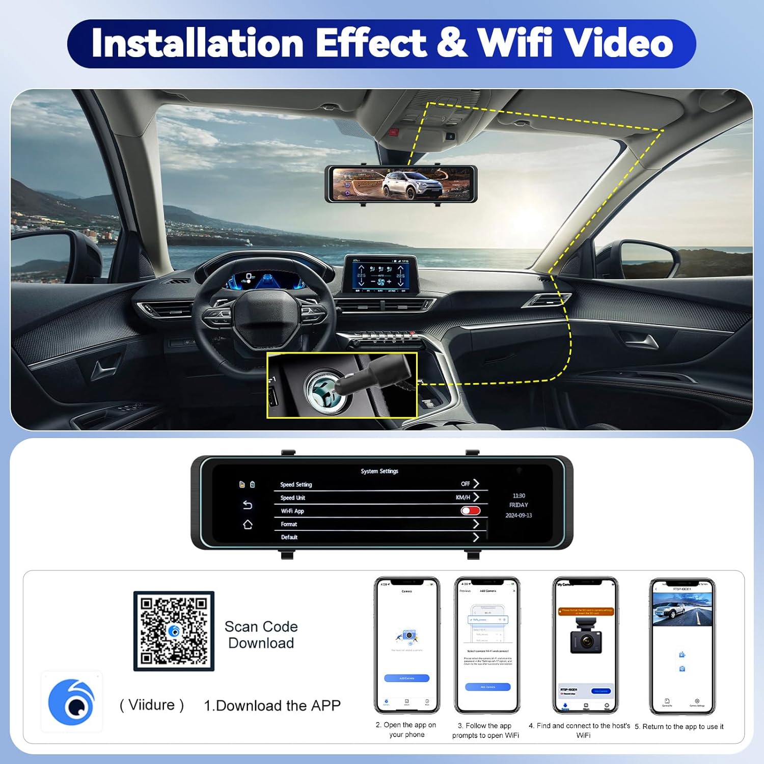 Image showing the CAMECHO mirror dash cam installed in a car, with a close-up of the power connection and a QR code for app download.