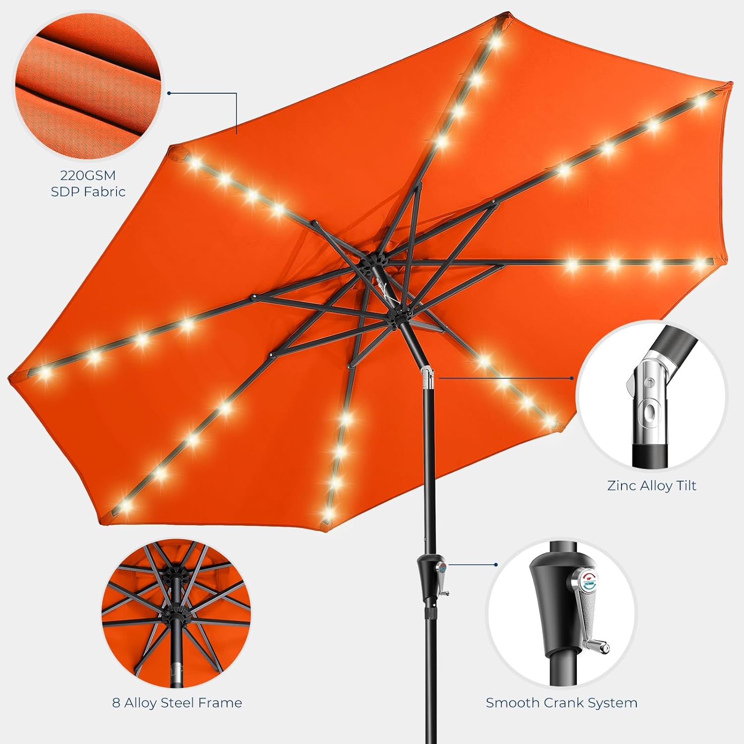 HOMSHADE 9ft Solar Patio Umbrella - Solar Lights LED Lighted Outdoor Market Table Umbrella, UPF50+ UV Protection with Push Button Tilt, Crank for Pool Deck and Garden (Neon Orange)