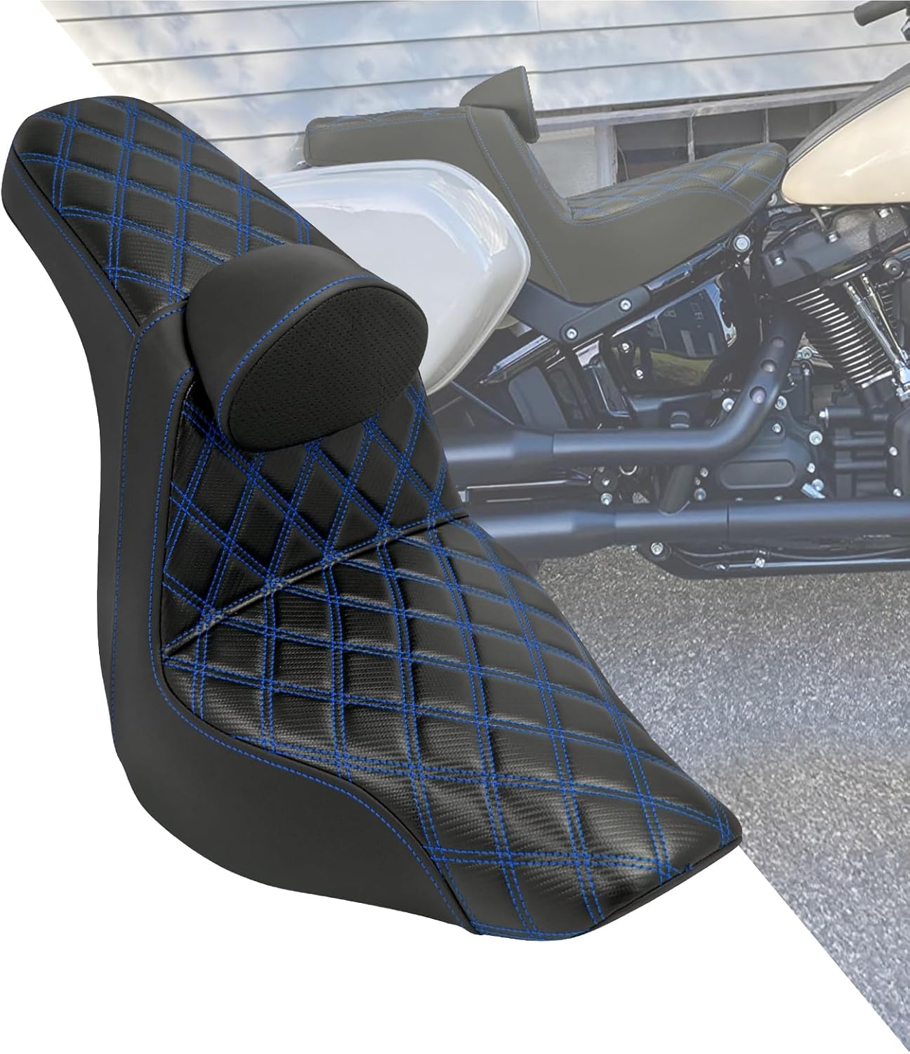 HDBUBALUS Motorcycle Seat Driver Passenger Seat with Backrests for Harley Low Rider Low Rider S ST 2018-up (Black with blue stitching)