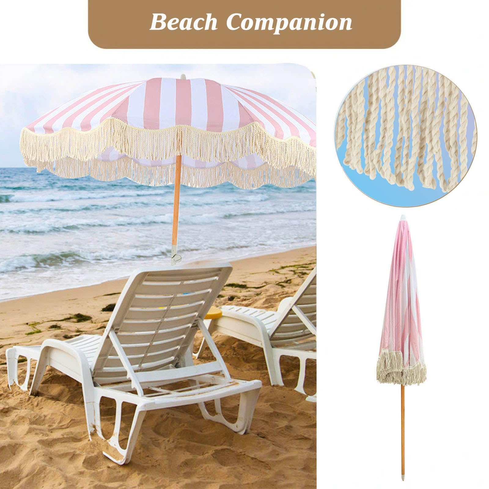 200cm Sombrilla De Playa Con Borlas Sombrilla Jardin Exterior Sombrilla Parasol Inclinable Sombrilla De Patio Protección Solar Sombrilla Hawaiana UPF50+ Con Bolsa De Transporte