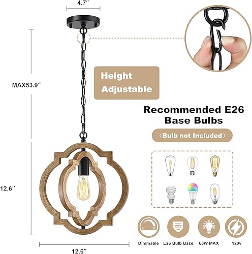 Miniatura 3 de Paquete de 2 lámparas colgantes de granja, luces colgantes de grano de madera para isla de cocina, altura ajustable, base E26, compatible con techo