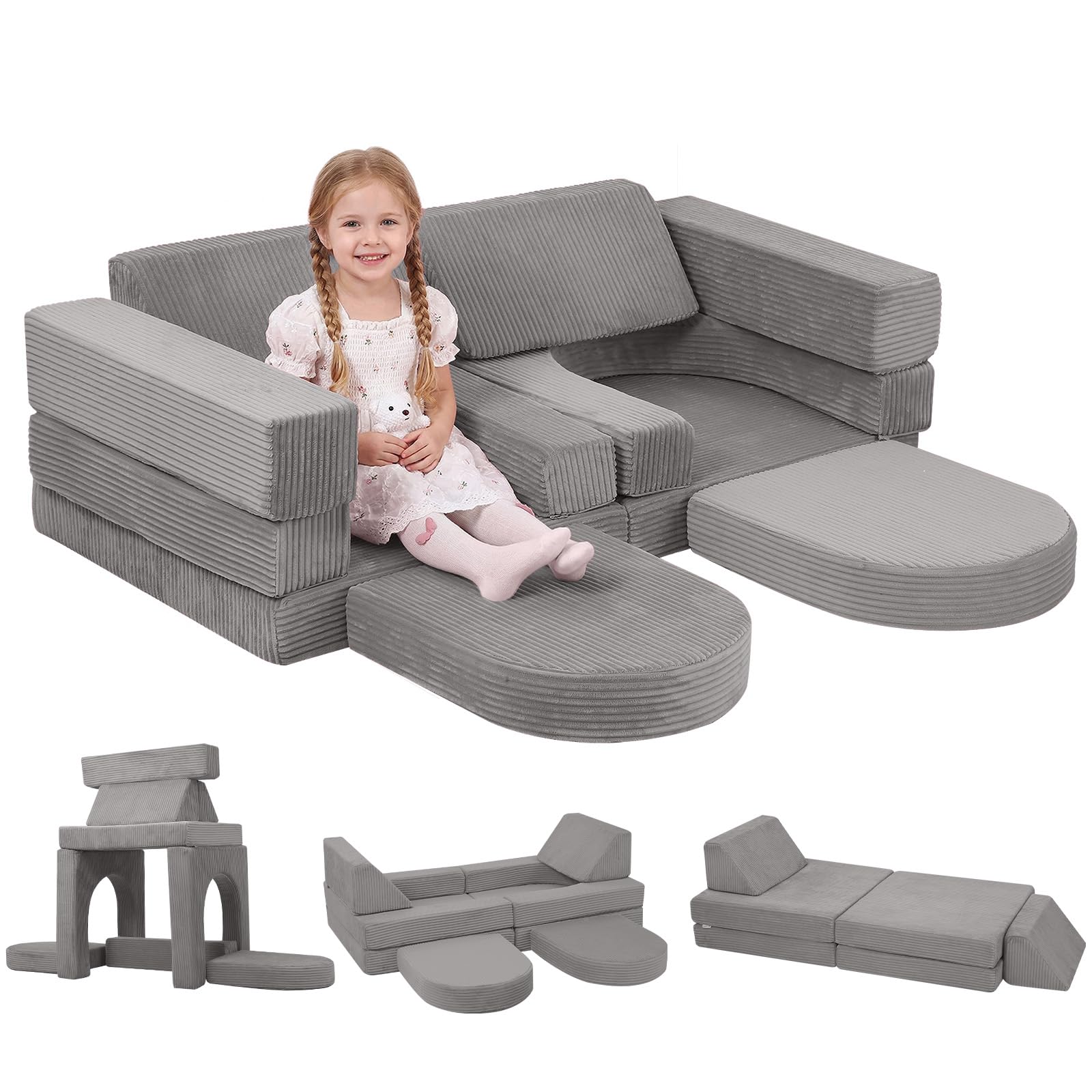 MeMoreCool 10-Pieces Kids Play Sofa, Corduroy Modular Toddler Chair Couch for Playroom, Fold Out Foam Couch for Girls Boys, Convertible Armchair Children Sectional Playset, Light Grey โ image 1