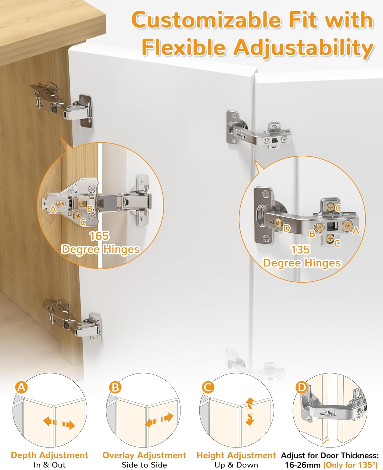 2 Pair 135 Degree & 165 Degree Hinges Kit for Pie Corner Cabinets, Hidden Lazy Susan, Face Frame Self Closing, Clip On, Smooth Slow Close, Concealed Mount for Bi-fold Door, Kitchen Cupboard