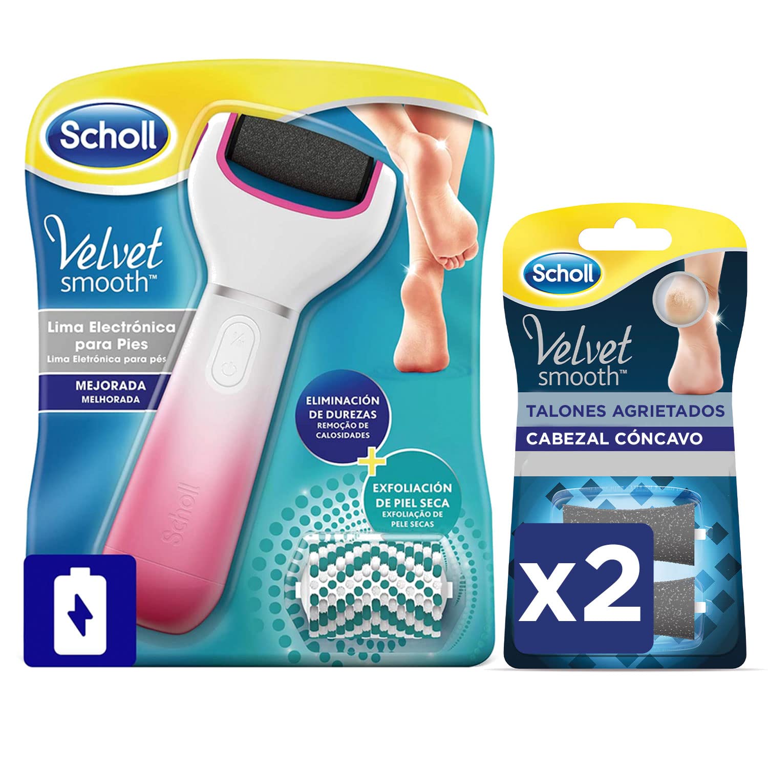 Scholl Lima Eléctrica Durezas Pies Velvet Smooth Color Rosa + 2 Recambios Talones Agrietados