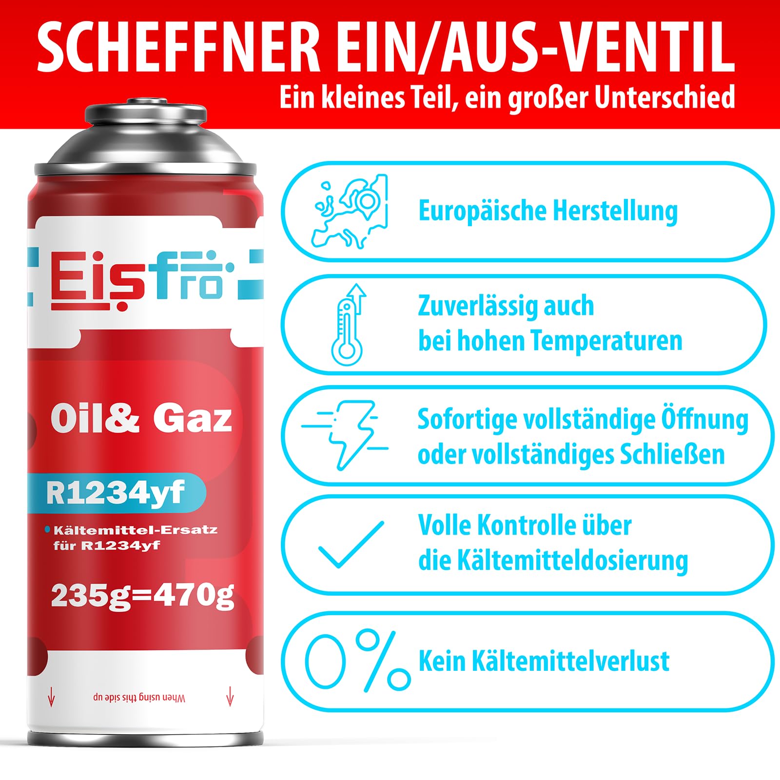 R1234yf Kältemittel Klimaanlage Nachfüllset – Auto Klimagas für Fahrzeuge Ab 2016 – 5 x 235 g Flaschen mit Füllschlauch und AZ Adapter – Auto Klimaanlage Nachfüllen Set