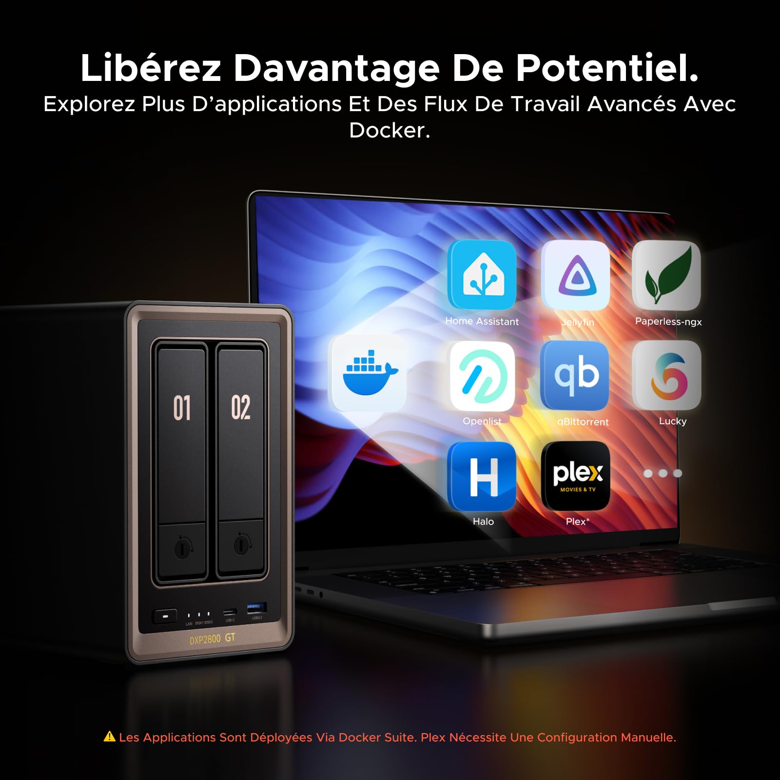 UGREEN NASync DXP2800 GT Stockage NAS 2 Baies, LAN 10GbE, CPU AMD Ryzen Embedded R2514, 8 Go RAM, Double M.2 NVMe, HDMI 4K, Centre de Surveillance, Support Docker, Home Assistant (sans disques)