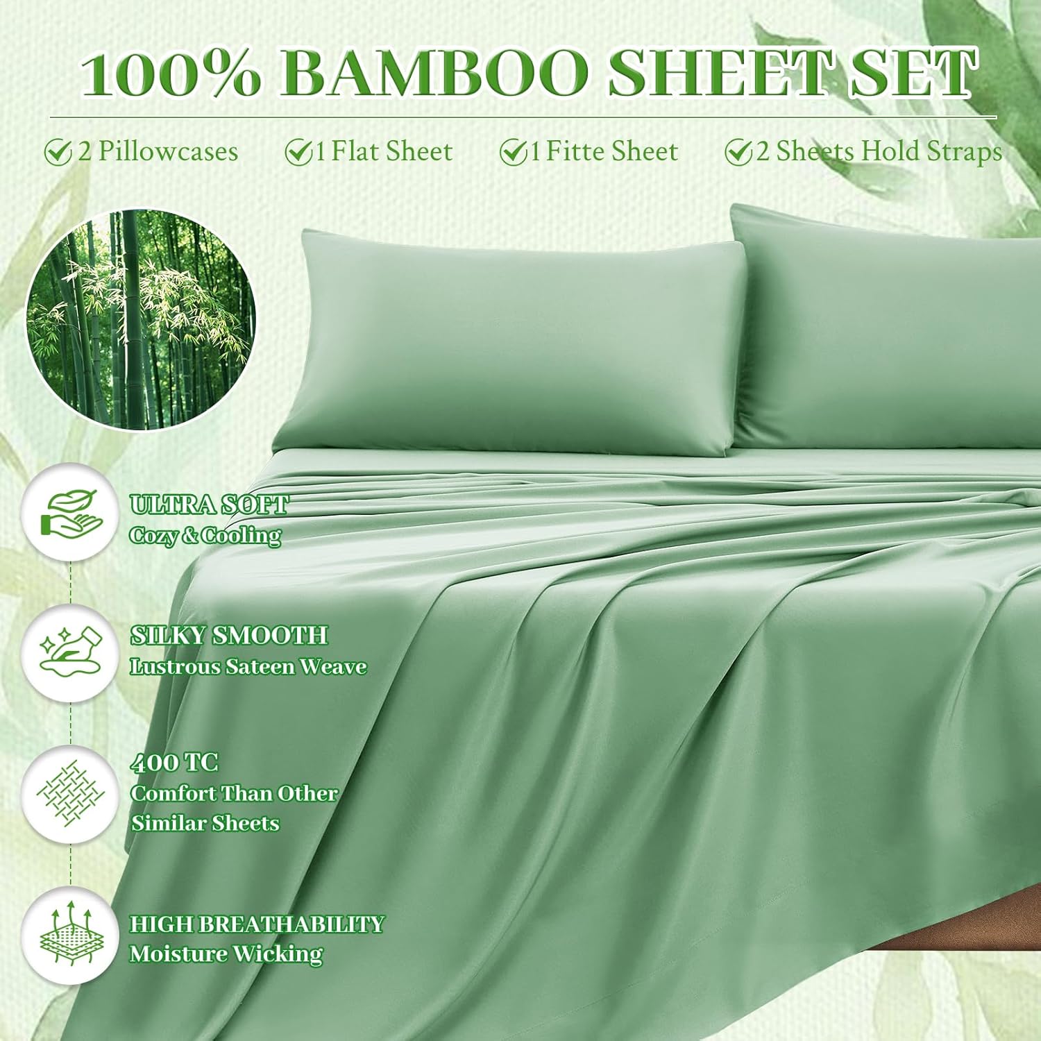 YIYEA 100% Viscose Derived from Bamboo Sheets, 600 Thread Count Cooling Bed Sheet Set for Hot Sleepers, Silky Soft, Breathable, 16" Deep Pocket, 4PC, Queen, Light Green