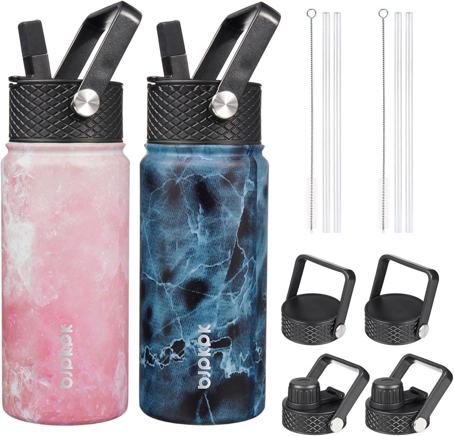 BJPKPK 2 Pack Insulated Water Bottles with Straw Lids, 18oz Stainless Steel Metal Water Bottle with 6 Lids, Leak Proof BPA Free Jugs, Cups, Flasks for Travel, Sports (Blossom+Ocean)