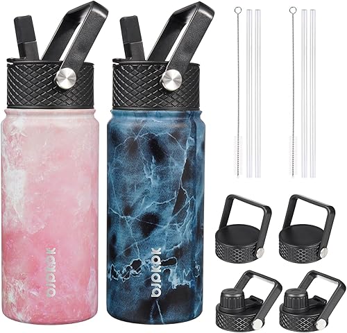 Miniatura 14 de BJPKPK Paquete de 2 botellas de agua aisladas con tapas con pajita, botella de agua de metal de acero inoxidable de 18oz con 6 tapas, jarras a Verde