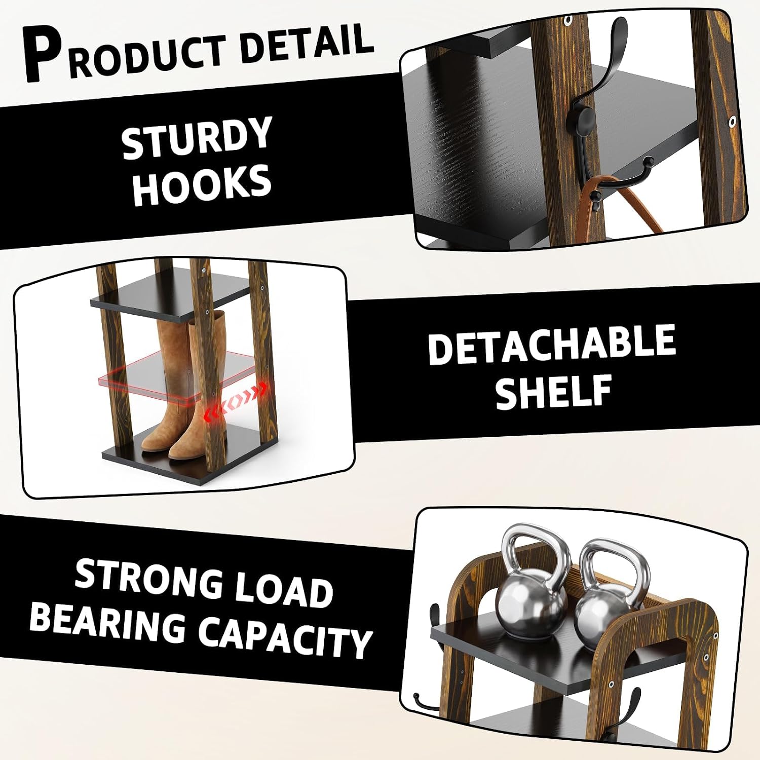 Wooden 8 Tiers Vertical Shoe Rack with Hooks