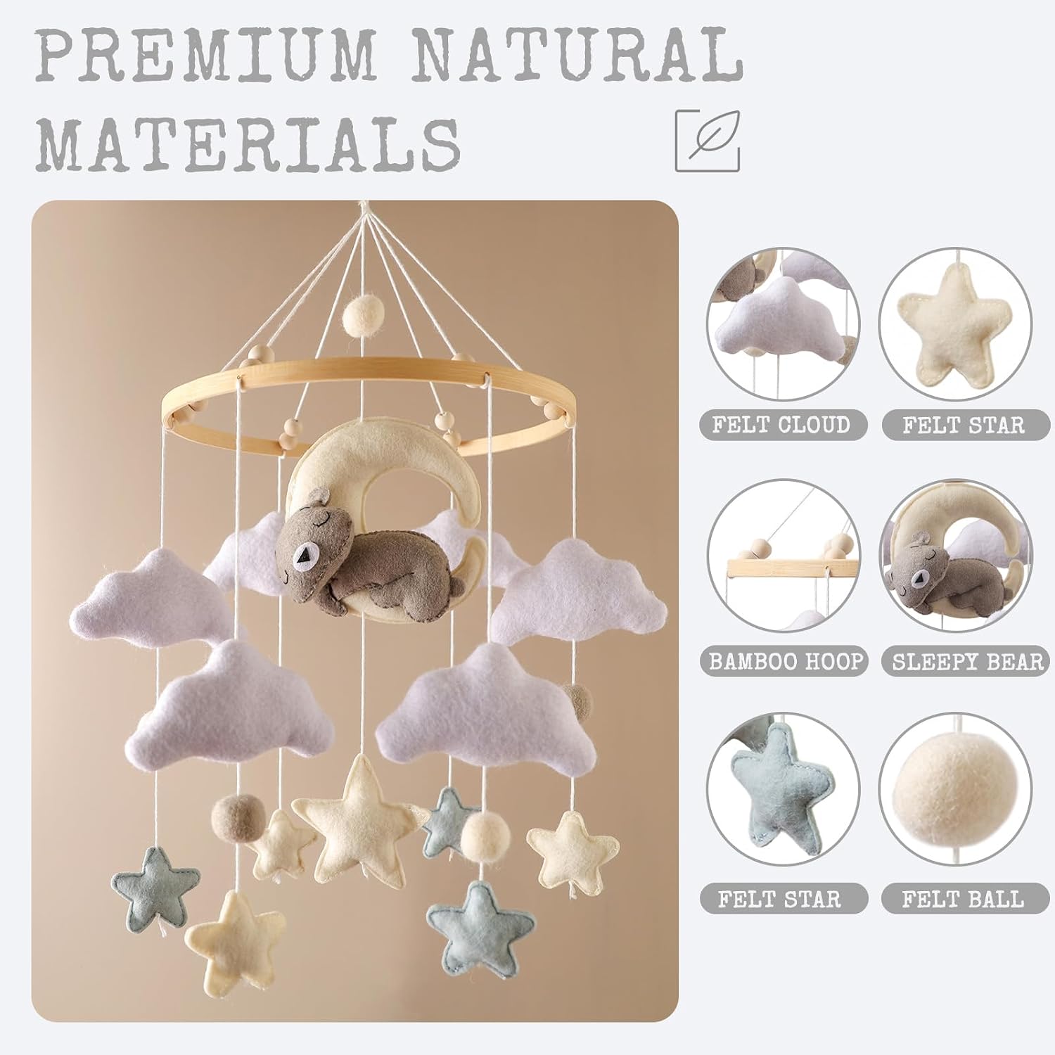 Moyii Baby Crib Mobile for Nursery - Handmade Felt Sleepy Bear on Moon Hanging Mobile - Gender Neutral Ceiling Decor for Boys Girls - Nordic Star Cloud - Newborn Baby Shower Gift