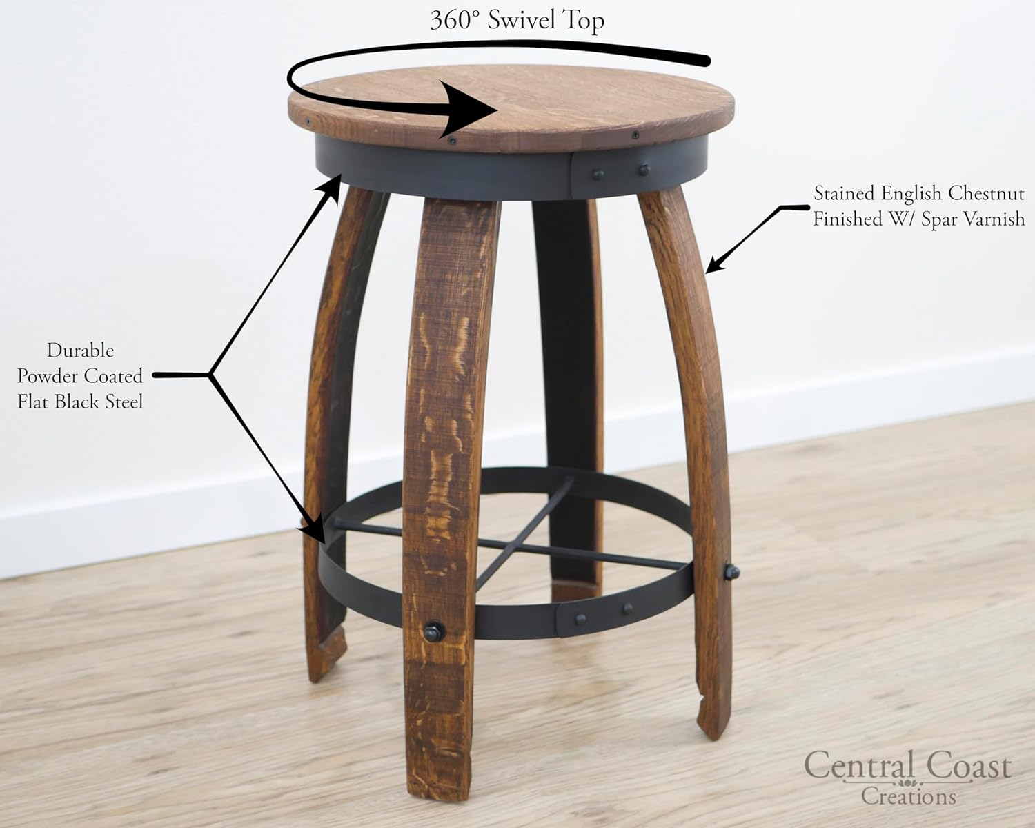 Swivel Top Bar Stool - Whiskey Wine Barrel Handcrafted Wine Barrel Furniture (28" Sit Height)