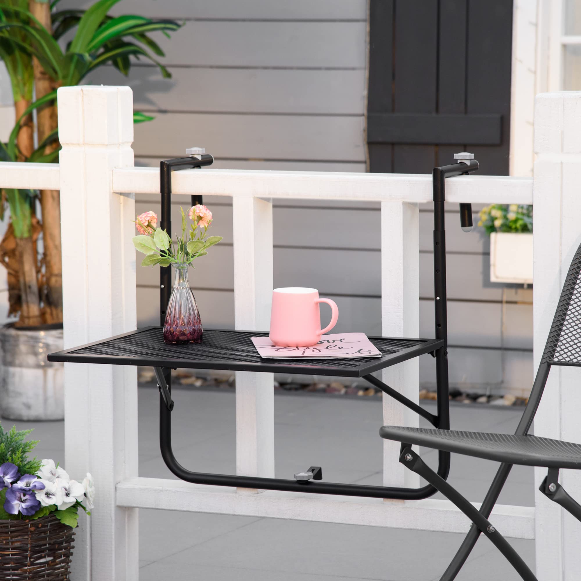 Outsunny Mesa Colgante de Balcón Plegable 60x60x57-72 cm Negro | De Metal para Barandilla, Altura Ajustable en 4 Niveles, Carga 10 kg, Terraza Jardín Exterior