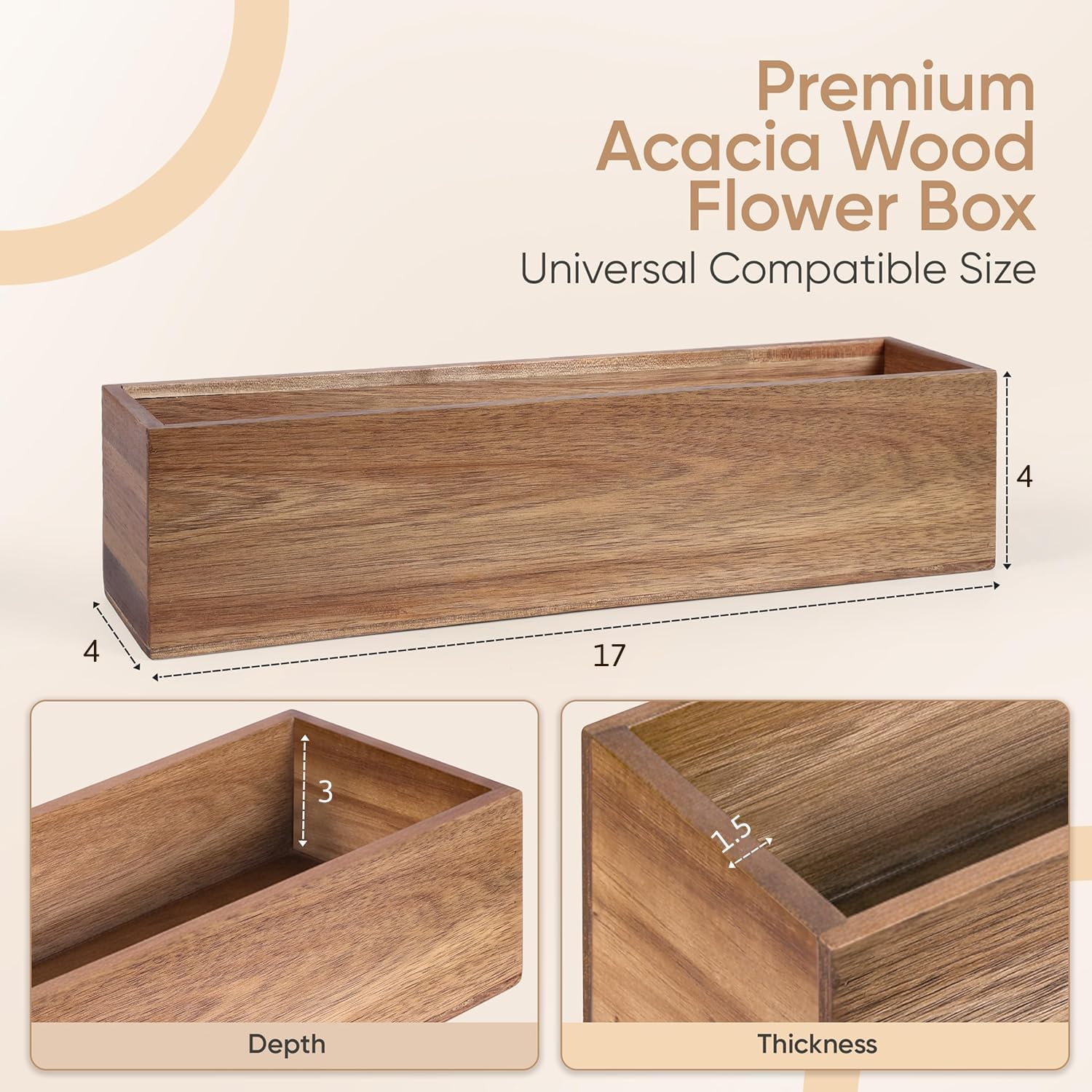 zaqro Large Wood Planter Box Set of 2 – Real Acacia Planter Boxes with Removable Hard Plastic Liners – Long Rectangular Indoor - Window Planter Box for Herbs, Flowers, Succulents