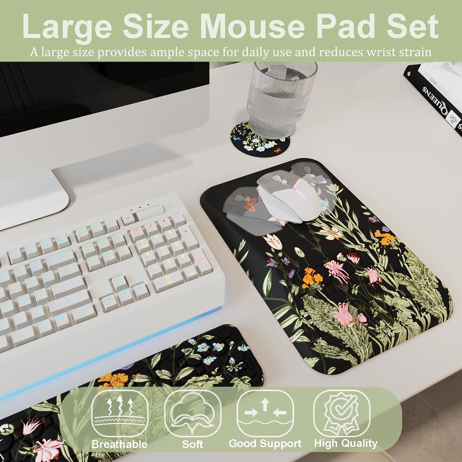 Ospelelf Ergonomic Keyboard Wrist Rest and Large Mousepad with Wrist Rest Support for Computer, Gaming, Flower - Image 4