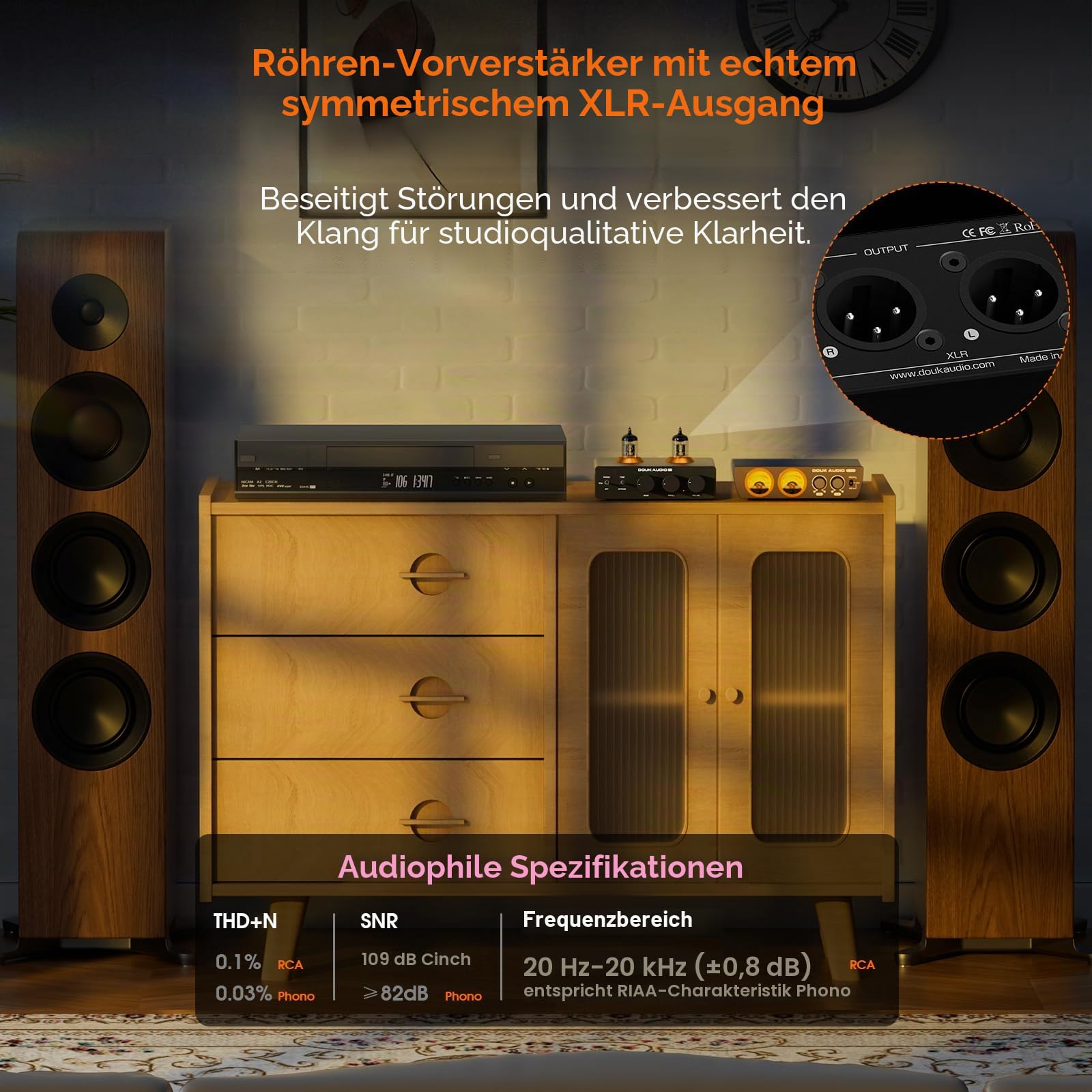 Douk Audio P7 Phono Vorverstärker: ECC83 Röhren Plattenspieler Vorverstärker mit Symmetrischem XLR Ausgang, Hochpassfilter, Bass- und Höhenregelung, Bypass für MM Plattenspieler, Verstärker