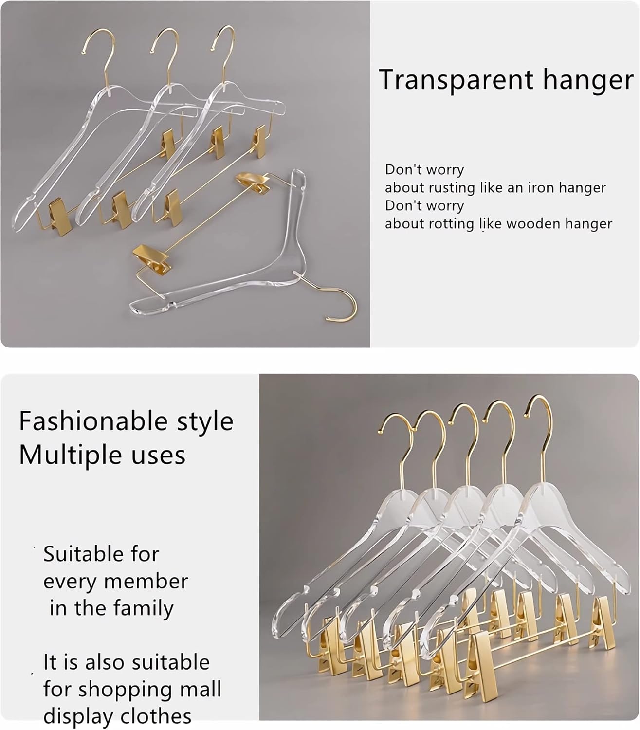 Acrylic's Transparent Clothing Hanger Clothing Store Wedding Dress Display Light Luxury Standard Hanger with Gold Hooks and Clips 8 pcs