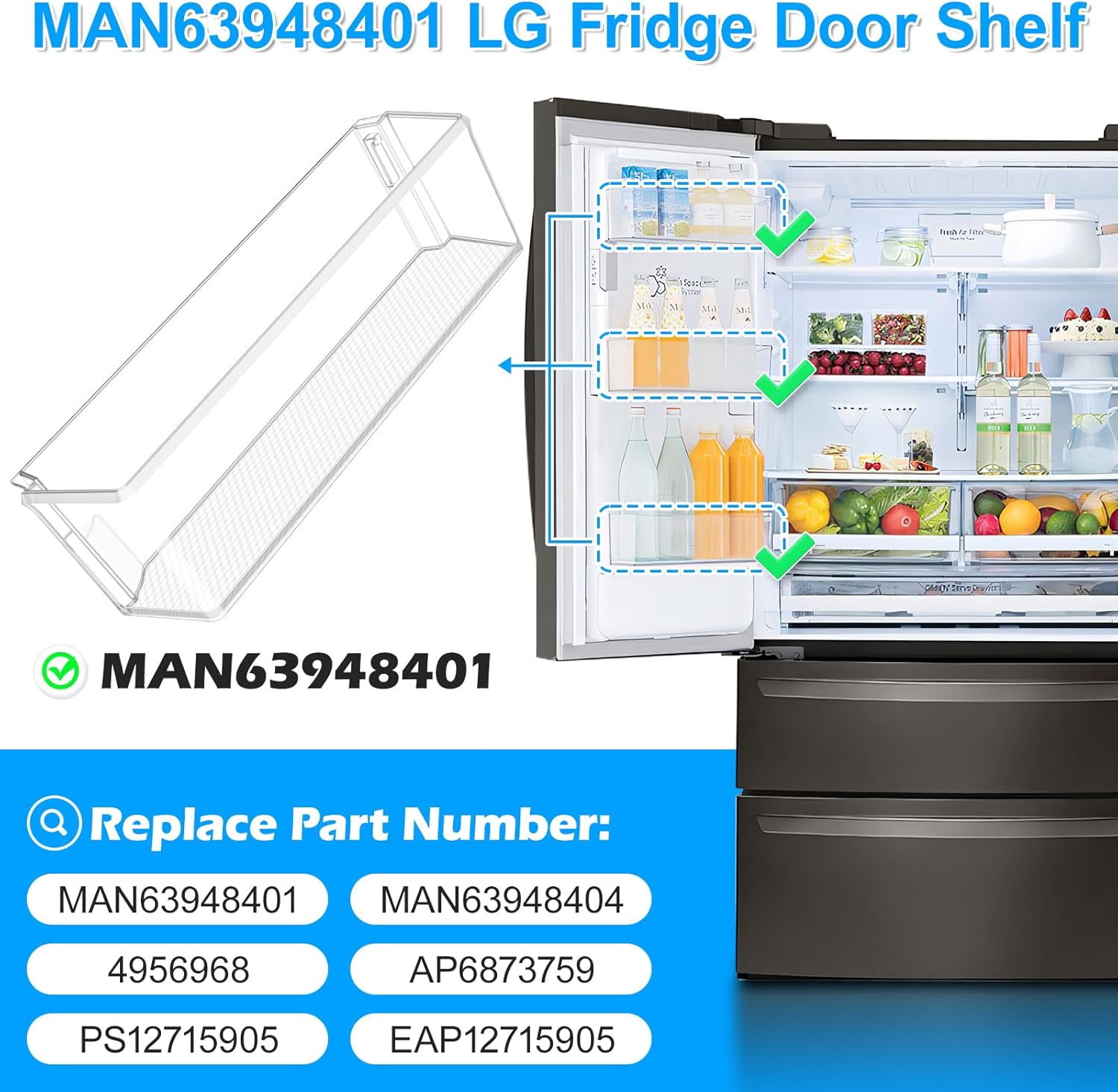 Upgraded MAN63948401 Refrigerator Door Bin Compatible with Kenmore LG Refrigerator Door Shelf Parts MAN63948404 MAN63948402 LG Fridge Shelf Replacement LMXS28626S LFXS26973S LFXC22526S Left Shelves