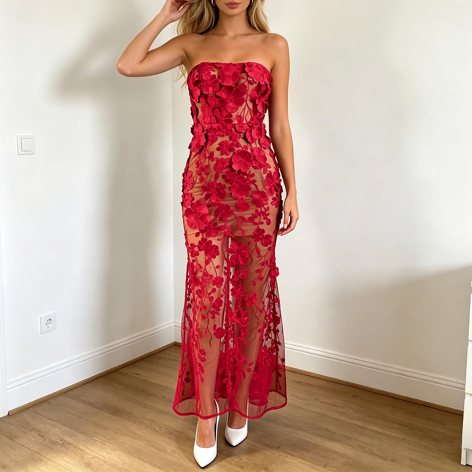 Vestido Ajustado Informal de Verano con Tres Apliques Florales y Vestido de Fiesta sin Tirantes