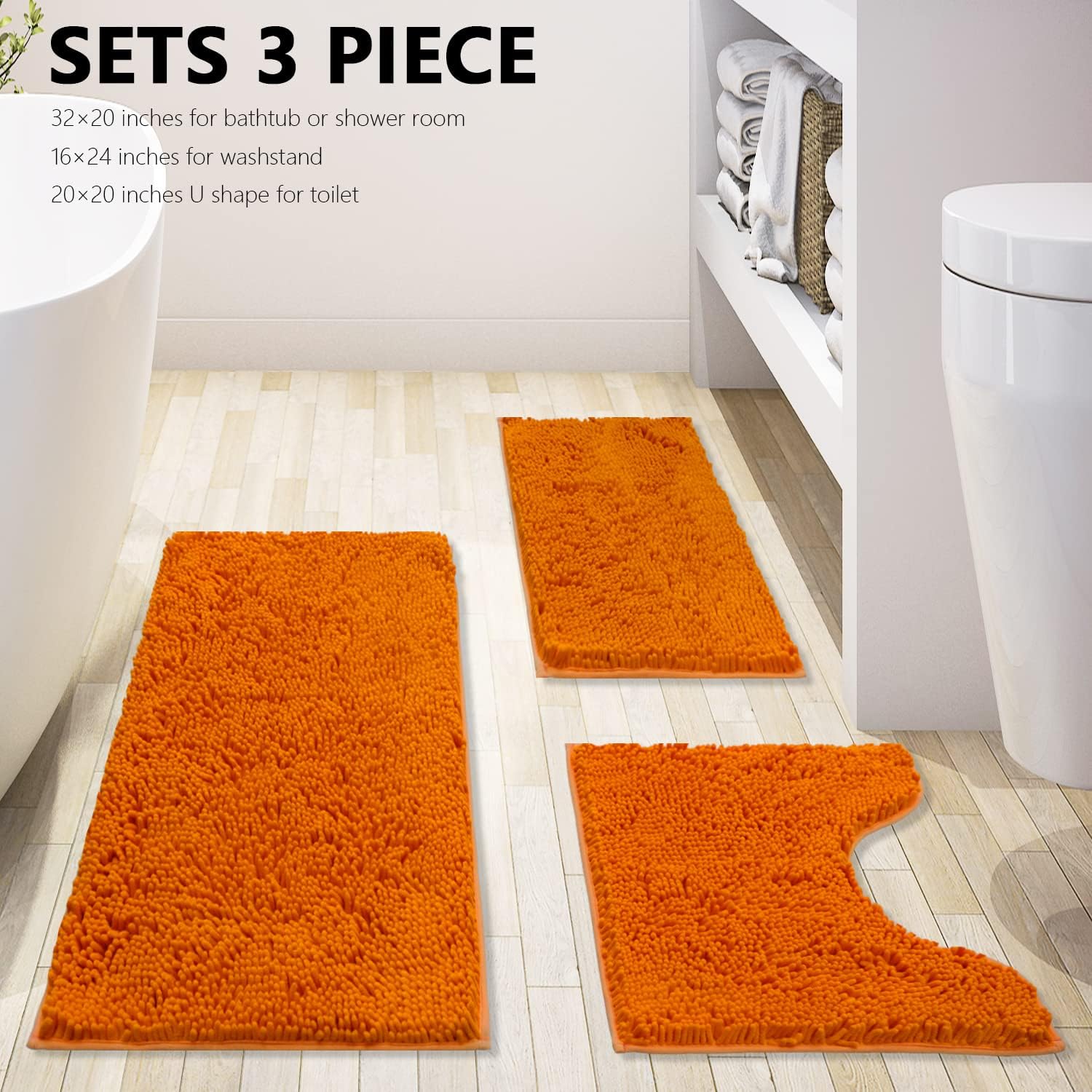 Bathroom Rugs Chenille 3-Piece Extra Soft and Absorbent Shag Bathroom Rugs, Machine Wash Mat, Strong PVC Non-Slip Underside, Plush Carpet Mats (Orange)