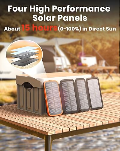 Miniatura 2 de Hiluckey Banco de energía solar de 10000 mAh integrado 4 paneles de 15 W carga rápida cargador solar al aire libre paquete de batería extenal para