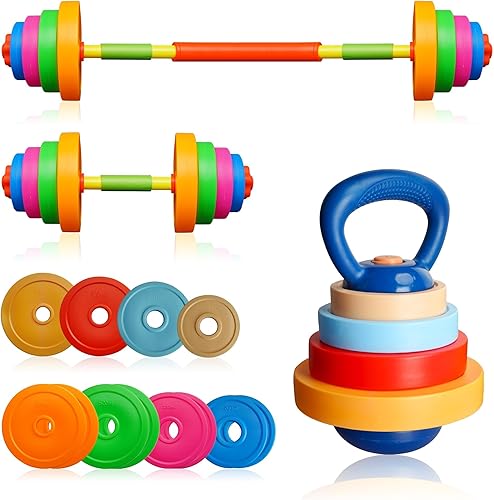 Miniatura 6 de Juego de pesas ajustables para niños, equipo de juguete de entrenamiento para niños, mancuernas y pesas rusas para jugar a simular, ejercicio y