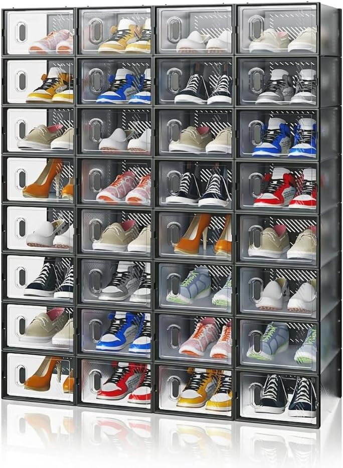 32 Pack Shoe Storage Boxes, Stackable Plastic Mesh Shoe Organizer for Closet, Breathable Freely Combinable Shoe Rack Substitute, Footwear & Dorm Storage Bins, Small (13"x9"x5.5"),Black