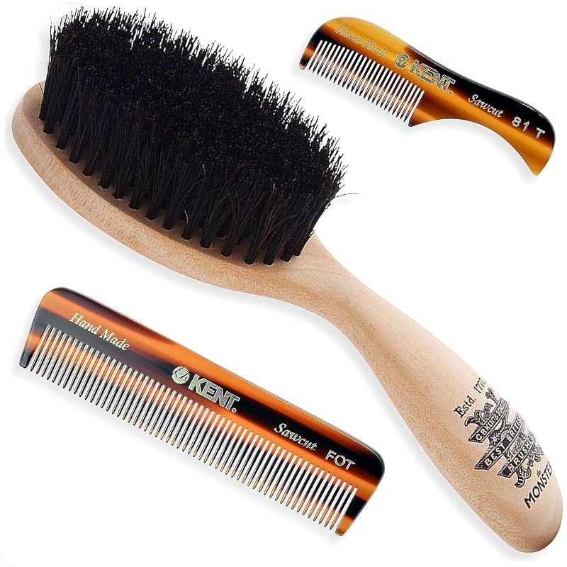 Kit KENT para Barba e Bigode BRD5 com escova de cerdas de pelo de cavalo e nylon e pentes 81T e FOT, cabo de madeira, Pacote com 1