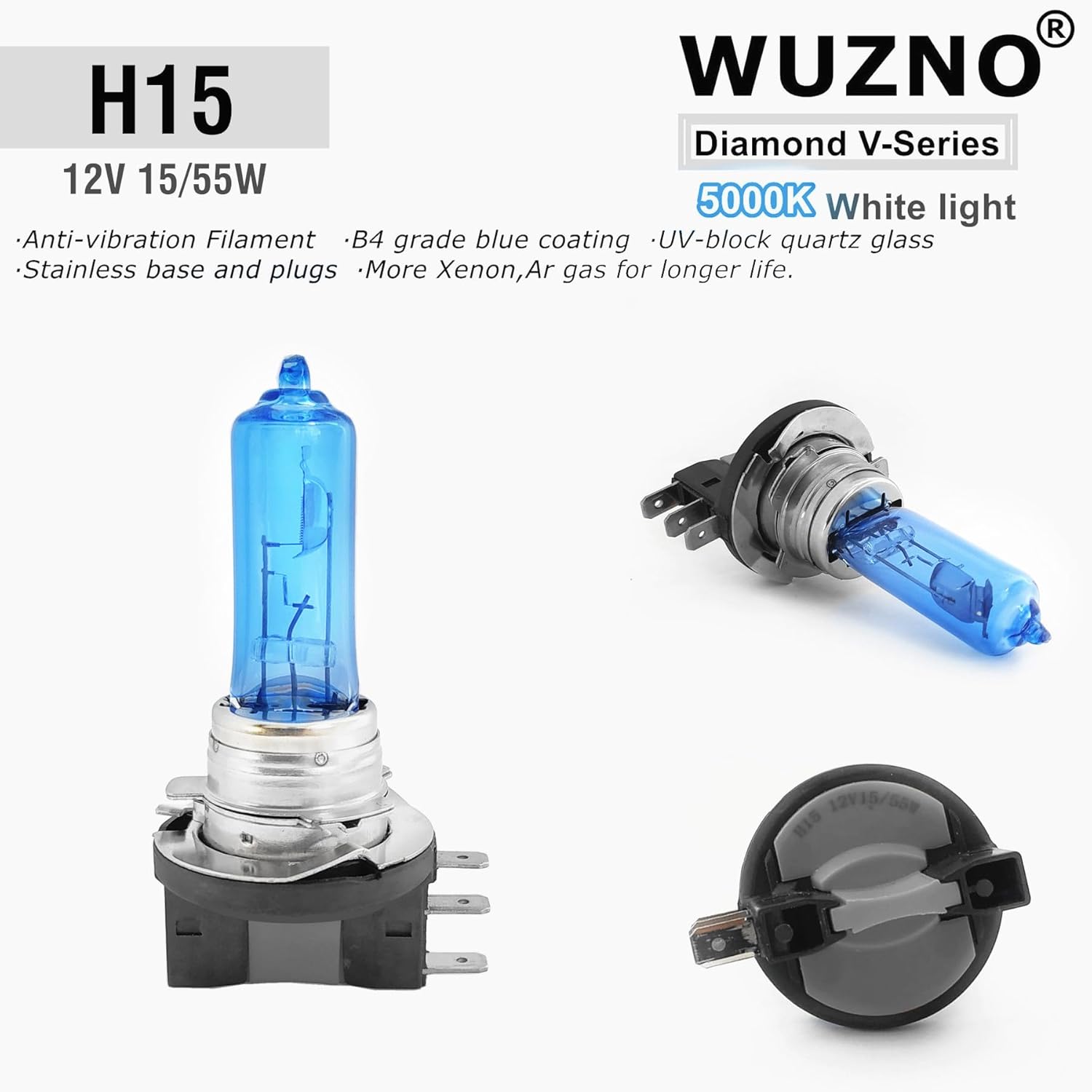 Detailed view of a Wuzno H15 Halogen Headlight Bulb, showing its construction and specifications.