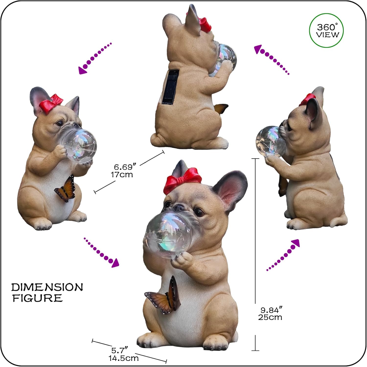 Solar Garden Dog Statue, Detachable Outdoor Decorative Stake, Whimsical French Bulldog with LED Bubble & Butterfly, Christmas Decorations, Waterproof Yard Decor for Patio,Lawn,Holiday & Birthday Gifts - Image 4