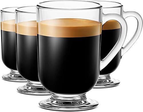LUXU Juego de 4 tazas de café de vidrio irlandés, tazas de café con leche, taza de café transparente de 10.5 onzas, tazas de vidrio con asas para