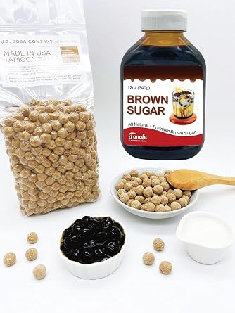 US Boba Co Tapioca Pearl Made in USA 2 Pound, Fanale Hand Crafted Brown Sugar Syrup 12 oz for Bubble Milk Tea Coffee Desserts...
