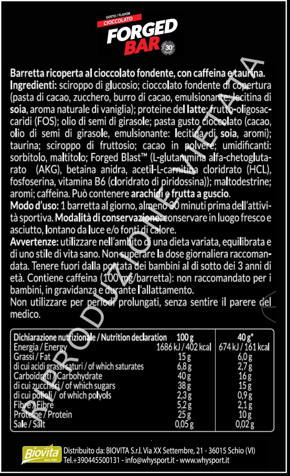 WHY SPORT FORGED BAR - Pre Workout - Barretta Proteica Energetica con Caffeina e Taurina - Gusto Cioccolato Fondente - 40 gr - 24 Pezzi
