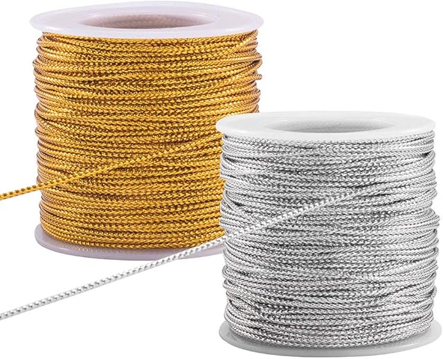 PandaHall Elite about 100m 2mm Metallic Cord Braided Metallic Beading Cords Metallic Tinsel Cord Tinsel String for Gift Wrap Ribbon Craft Making, Gold & Silver