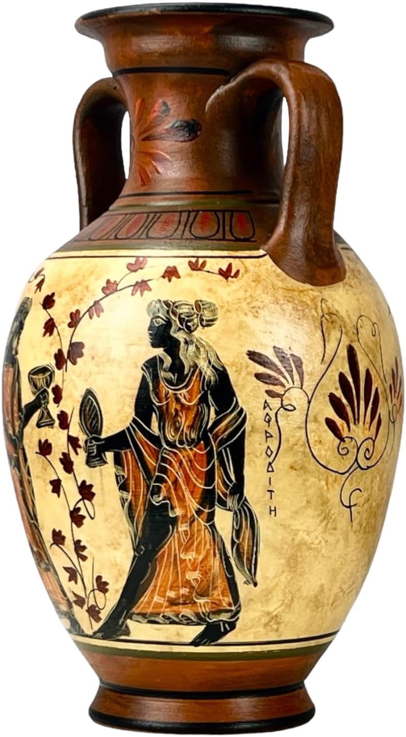 Ancient Greek Vase Amphora Goddess Athena & Aphrodite & God Dionysus 10.24'' Handmade Ceramic Red & Orange Round Vase