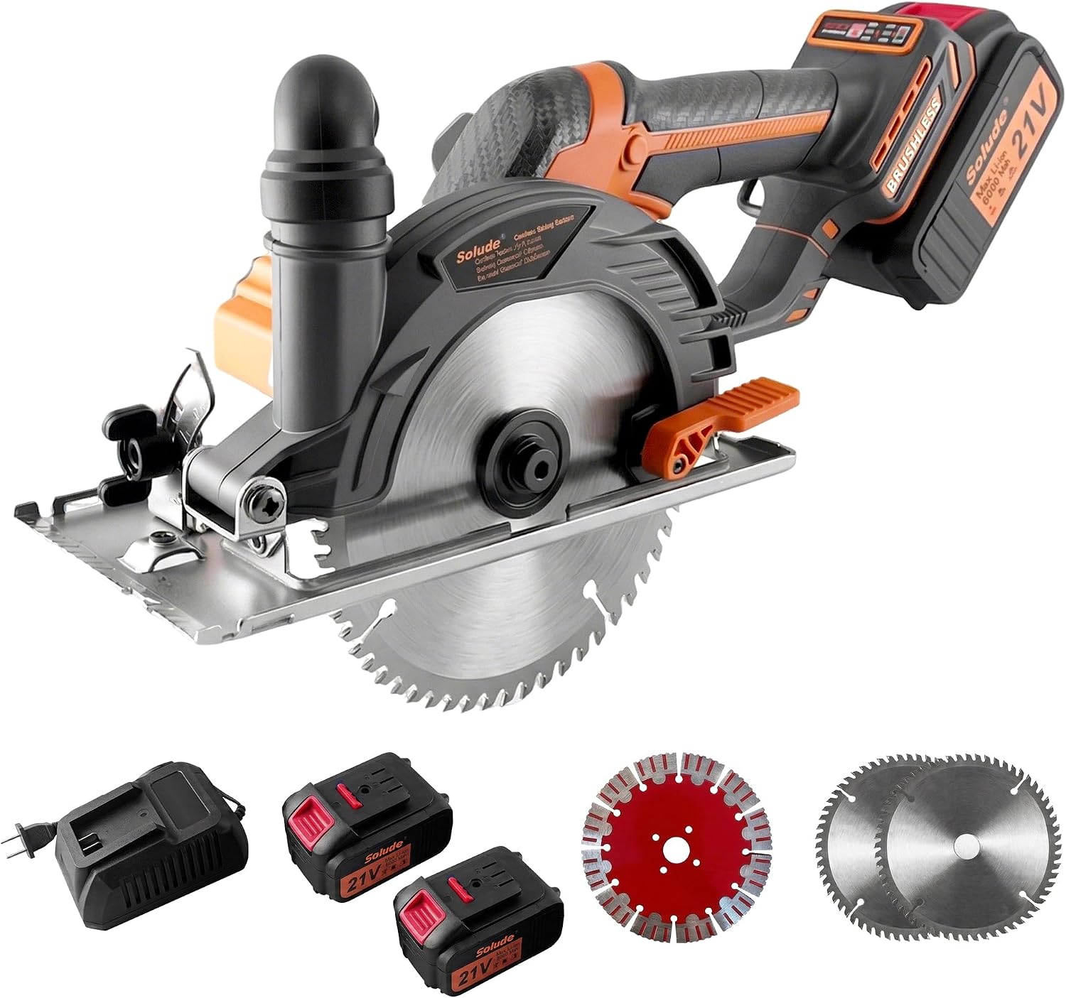 SOLUDE 6-Inch 21V Brushless Cordless Circular Saw with 2 x 4.0Ah Lithium Batteries – Electric Cutting Circular Saw with 3 Saw Blades for Wood, Metal, Tile, Drywall, Plastic Cutting