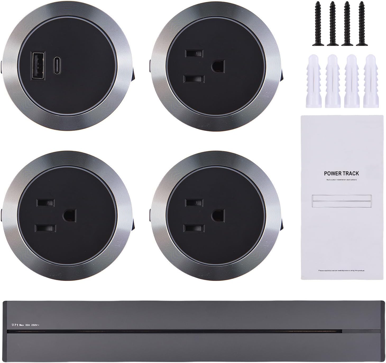 Marhynchus Track Socket Track Outlet, 8000W High Load Capacity Sliding Rail Power Strip with Overload Protection and Fast Charging USB, for Kitchen Dining Room Bedroom
