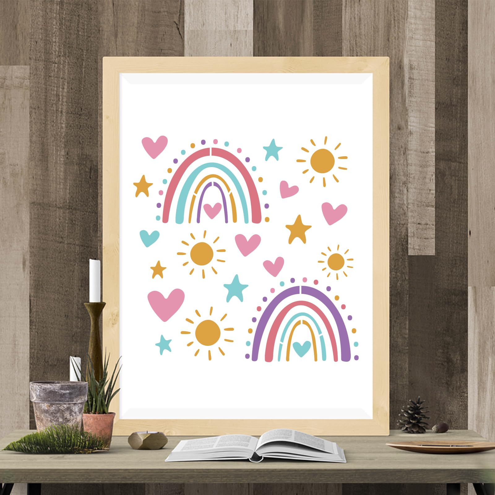 MAYJOYDIY Rainbow Stencil Template Stars Sun Heart Painting Stencil 11.8×11.8inch with Paint Brush Craft Stencils for DIY Scrapbooking Furniture Wall Floor Decor 4