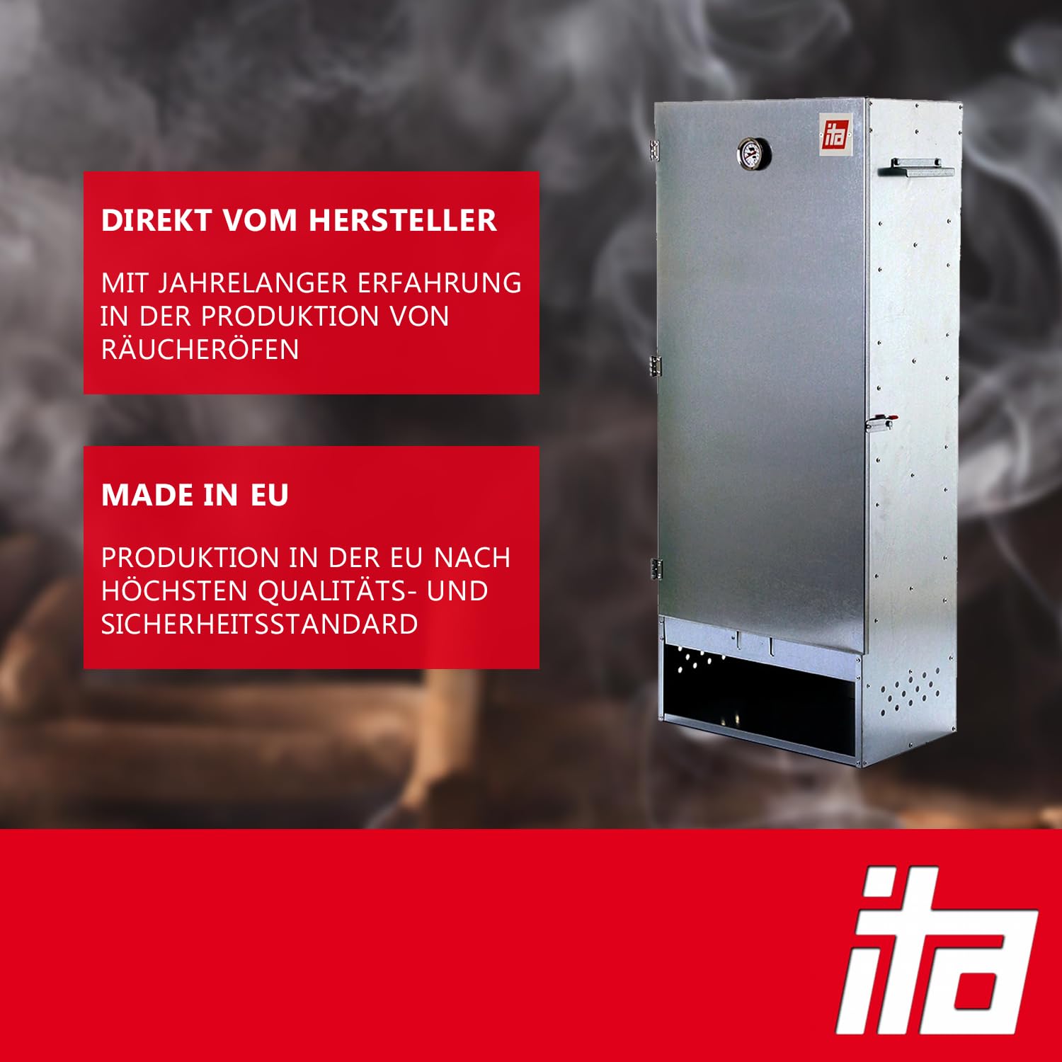 ITA Elektrischer Räucherofen 7003 - Smoker Set mit Heizung, Rauchgenerator - XL Räucherschrank mit Thermometer - Legierter Stahl - EU Qualität, Direkt vom Hersteller - 111 cm mit 4 Etagen